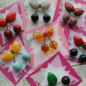 Super cute handmade 1940's 50's style mini cherry brooch in various colourways, by Luxulite