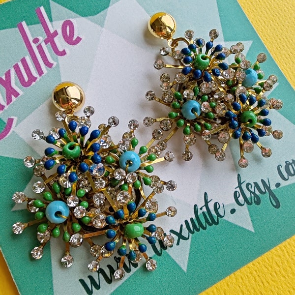 Two new colourways! XL Hollywood Starburst dangly Earrings! 1950s style colourful sparkly handmade earrings by Luxulite