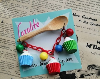 Cupcake cutie - 1940's inspired novelty wooden spoon and  cascade brooch and optional matching earrings - vintage style handmade by Luxulite