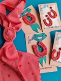 Giddy Up Scarf Slider! Western theme pink and red novelty faux Bakelite horseshoe slide -  Luxulite Vintage 1930's 40's inspired