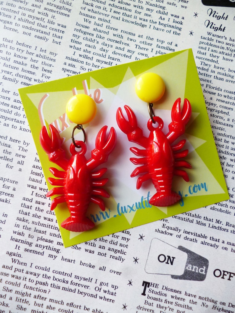 Classic Luxulite Novelty Red Lobster Earrings 1940's vintage inspired earrings handmade by Luxulite Yellow