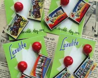 New destinations! Wish you were here vintage postcard earrings - inspired by kitsch USA souvenirs by Luxulite - pierced or clip-ons