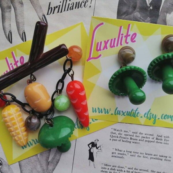 Land girl - XL vegetable cascade 1940s 50s carved bakelite fakelite style novelty veg branch brooch by Luxulite