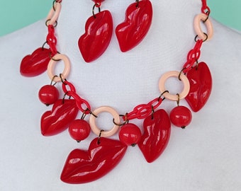 Kiss and Tell -  Vintage-inspired bakelite fakelite red lips necklace and optional earrings - 1940's 50's style by Luxulite