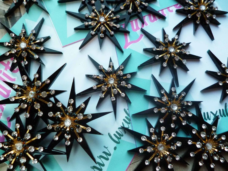 vintage inspired pinup jewels by Luxulite Black Starburst Sparkle atomic starburst design XL statement scatter brooch set