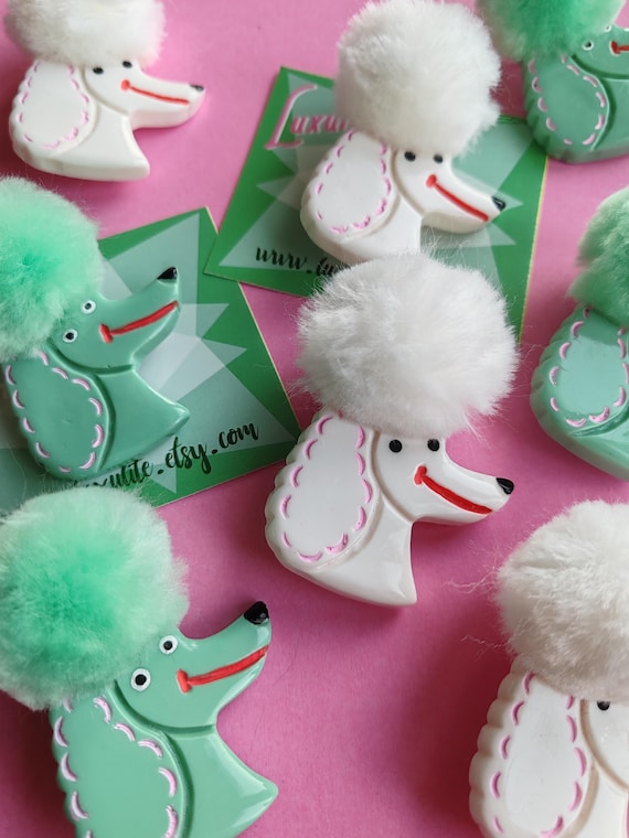 Poodle Parade!  - fluffy white or peppermint poodle brooch - Vintage kitsch by Luxulite