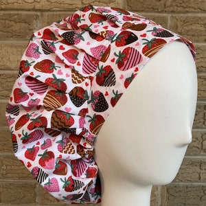 Bouffant Scrub Cap Larger Hat for Women - Valentine's Day - Chocolate Dipped Strawberries 0020