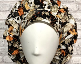 Halloween Skulls Satin Lined Scrub Cap: Bouffant Style Nurse Hat - 0214Lb
