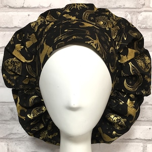 Satin Lined Bouffant scrub caps for women Halloween Black and Gold Chemo Cap Surgical Veterinarian Nurse Cap 0205L