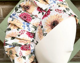 Watercolor Mums & Sunflowers Scrub Cap: Bouffant Style Cotton Hat