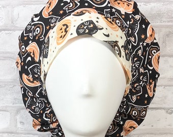 Satin Lined Halloween Scrub Cap Hat for Women - Bouffant Pumpkins, Cats, Owls 0119Lb