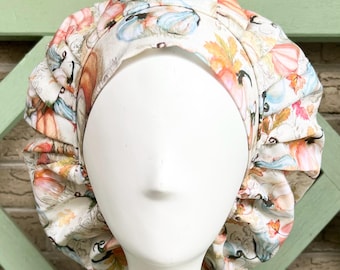 Satin Lined Scrub Cap: Watercolor Pumpkins, Fall Leaves - Bouffant Style - 0132Lw