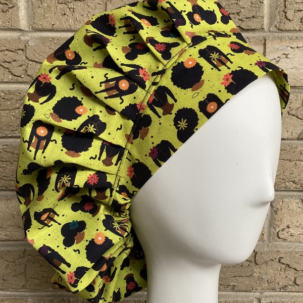 Bouffant Scrub Caps larger Hats Afro American - Hairstyles on Lime Green - 0224