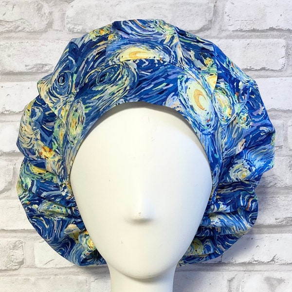 Satin lined Starry Sky Bouffant Scrub Cap Larger Hat for Women -Yellow and Blue Swirls - 0041L