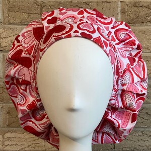 Satin Lined Valentine Hearts Scrub Hat Women Surgical Sleep Cap Melaine&#39;s Creations Medical Cap Bouffant Style Hat Red Pink Hearts - 0089
