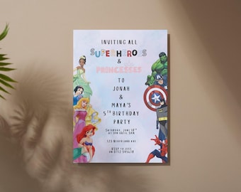 May include: A party invitation featuring the text "Inviting All Superheroes & Princesses". The design includes illustrations of Disney princesses and superheroes like Hulk, Captain America, Batman, and Spider-Man. The invitation is for Jonah & Maya's 5th birthday party.