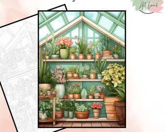 May include: A paint by numbers image of a greenhouse filled with plants and flowers. The image is divided into numbered sections for coloring.