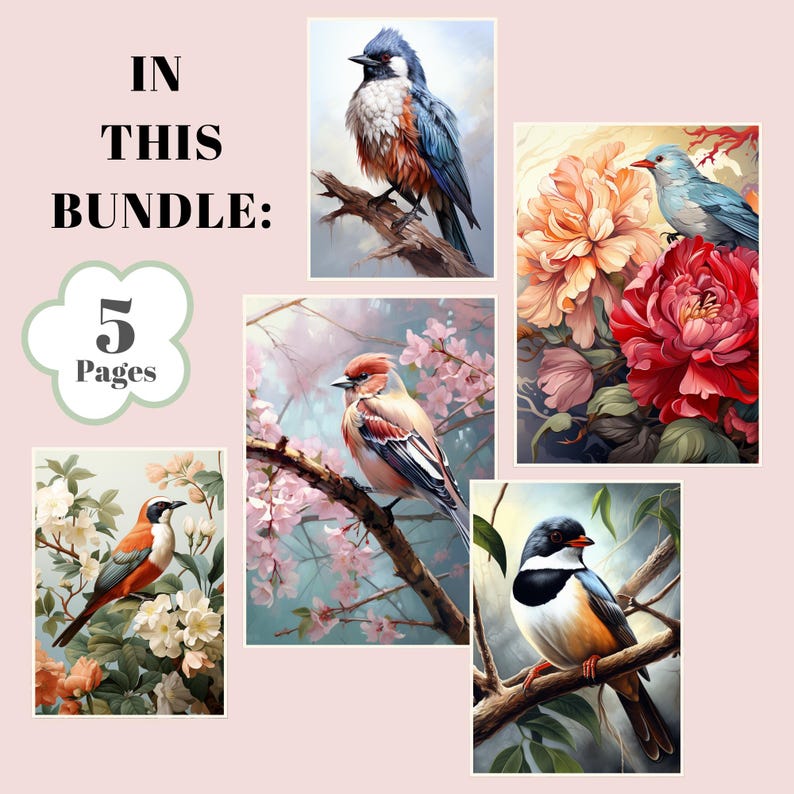 May include: A set of five printable coloring pages featuring colorful birds perched on branches and flowers. The birds are depicted in a realistic style with intricate details. The pages are perfect for adults and children who enjoy coloring.