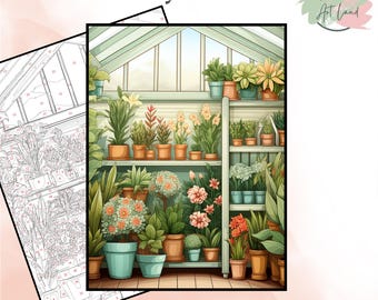 May include: A paint by numbers image of a greenhouse filled with plants. The image is divided into numbered sections, each corresponding to a different color. The image is titled "Paint by Numbers" and "Coloring Art Land".