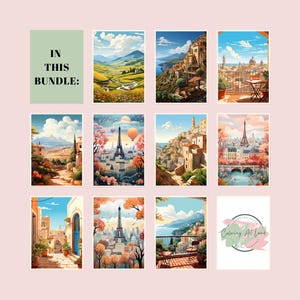 May include: A set of 9 printable coloring pages featuring various European cityscapes, including the Eiffel Tower, a Tuscan countryside, and a coastal Italian village. The pages are perfect for adults and children who enjoy coloring and exploring different cultures.