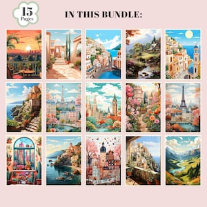 May include: A set of 15 printable paint by number pages featuring various cityscapes. The images include scenes of Paris, London, and Italian coastal towns. Each page is ready to be printed and colored in.