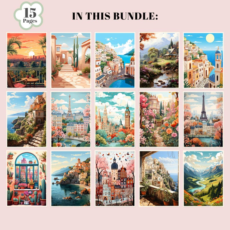 May include: A set of 15 printable paint by number pages featuring various cityscapes. The images include scenes of Paris, London, and Italian coastal towns. Each page is ready to be printed and colored in.