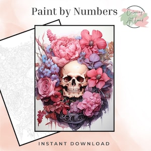 May include: A paint by numbers coloring page featuring a skull surrounded by pink, purple, and blue flowers. The image is titled "Paint by Numbers" and has the text "Coloring Art Land" in the upper right corner. The image also includes the text "INSTANT DOWNLOAD" at the bottom.