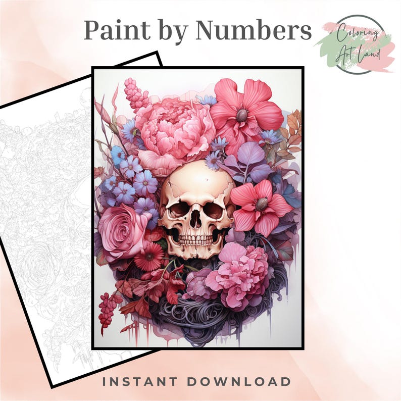 May include: A paint by numbers coloring page featuring a skull surrounded by pink, purple, and blue flowers. The image is titled "Paint by Numbers" and has the text "Coloring Art Land" in the upper right corner. The image also includes the text "INSTANT DOWNLOAD" at the bottom.
