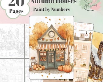20 Autumn Houses Paint By Numbers Coloring Pages, Coloring Numbered, Adults Coloring Pages