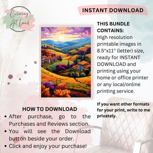 May include: A digital download of a printable coloring page featuring a colorful landscape with rolling hills, houses, and trees. The image is 8.5 inches by 11 inches and is ready for instant download.