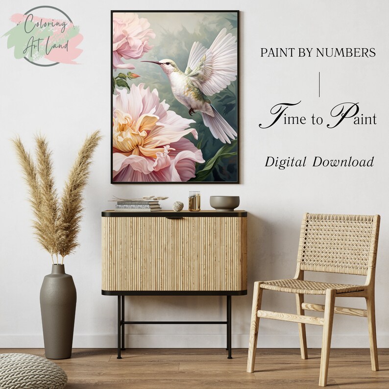 May include: A digital download paint by numbers image featuring a hummingbird in flight over a pink flower. The text "Paint by Numbers | Time to Paint | Digital Download" is displayed on a white background.