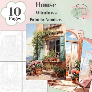 Könnte beinhalten: Ein Malen-nach-Zahlen-Malbuch mit 10 Seiten, das ein Haus mit Fenstern und Blumen zeigt. Der Titel des Buches lautet "Haus Fenster Malen nach Zahlen".