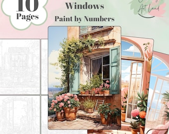 10 Windows Paint By Numbers, House Coloring Pages, Coloring Sheet, Adults Coloring Pages, Color By Number, Home decor, Bundle Coloring Pages