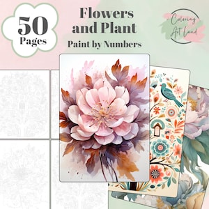 May include: A set of 50 coloring pages featuring flowers and plants, titled "Flowers and Plant Paint by Numbers". The pages are designed for adults and feature intricate designs of flowers and plants.