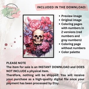 May include: A digital coloring page featuring a skull surrounded by pink, purple, and white flowers. The image is a digital download and includes a preview image, original image, coloring pages with numbers in two versions (red and gray numbers), a coloring page without numbers, and a color palette.