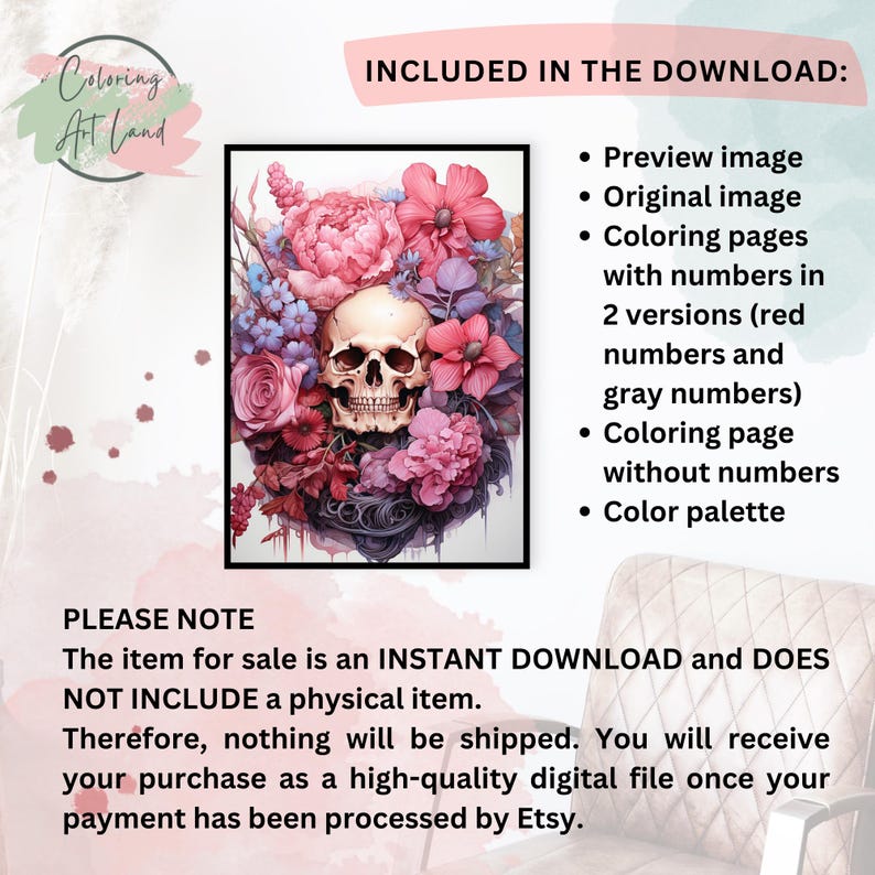 May include: A digital coloring page featuring a skull surrounded by pink, purple, and white flowers. The image is a digital download and includes a preview image, original image, coloring pages with numbers in two versions (red and gray numbers), a coloring page without numbers, and a color palette.