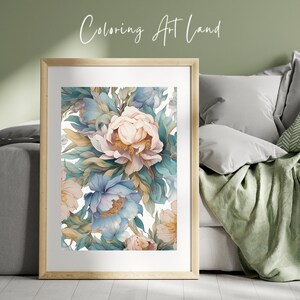 May include: A framed print of a floral pattern with blue, white, and beige peonies and leaves. The print is in a light wood frame.