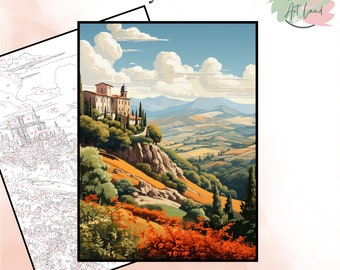 Könnte beinhalten: Malen nach Zahlen Kunstdruck mit einer malerischen Landschaft mit einem Steinhaus auf einem Hügel mit Blick auf sanfte Hügel und ein Tal. Der Druck hat ein Malen-nach-Zahlen-Raster für Erwachsene und Kinder.