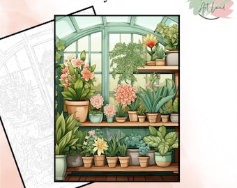 May include: A paint by numbers coloring page featuring a greenhouse with a variety of plants and flowers. The image is in a digital format and is ready for instant download.