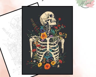 Flowered Halloween Skeleton Paint By Numbers, Halloween Coloring Pages, Color By Numbers, Adults Coloring Pages, Home Wall Decor