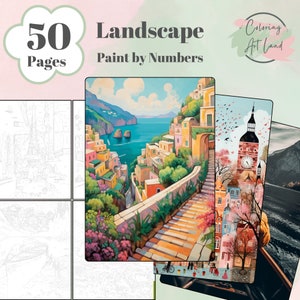 50 peintures de paysages à numéros, pages à colorier de paysages, couleurs à numéros, pages à colorier pour adultes