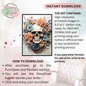 May include: Printable digital download of a skull surrounded by pink and blue flowers. The image is 8.5 inches by 11 inches and is ready for instant download.