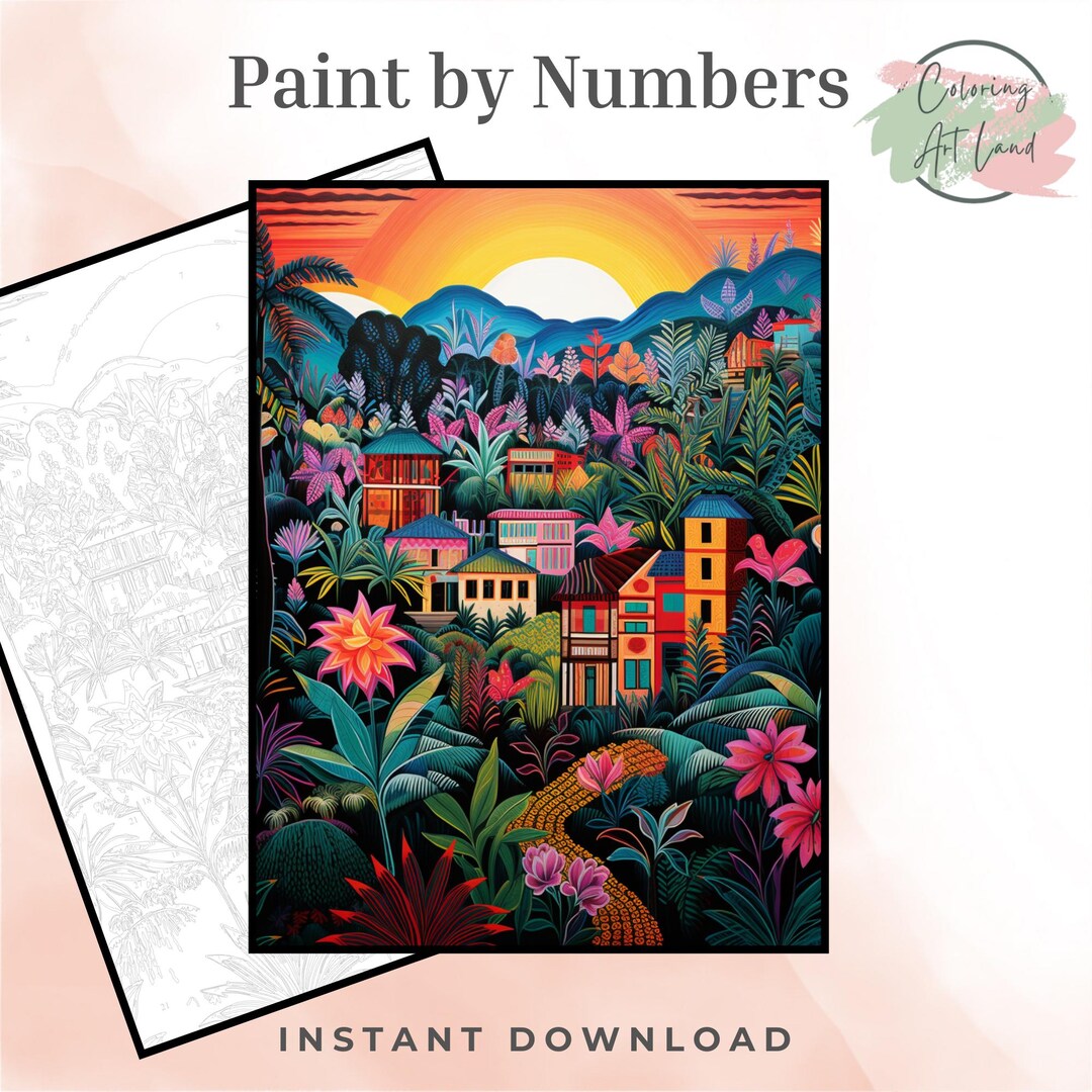 Naive Village Paint by Numbers, Naive Landscape Coloring Pages, Color