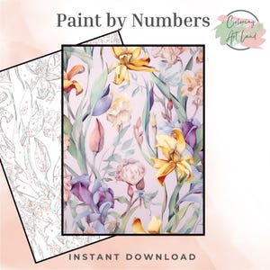 May include: A digital paint by numbers image featuring a floral pattern with yellow, purple, and pink flowers on a light purple background. The image is labeled "Paint by Numbers" and "Instant Download".