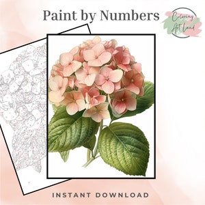 Op de afbeelding: Een kleurplaat om te kleuren met nummers met een roze hortensia met groene bladeren. De afbeelding is gelabeld met "Paint by Numbers" en "Coloring Art Land".