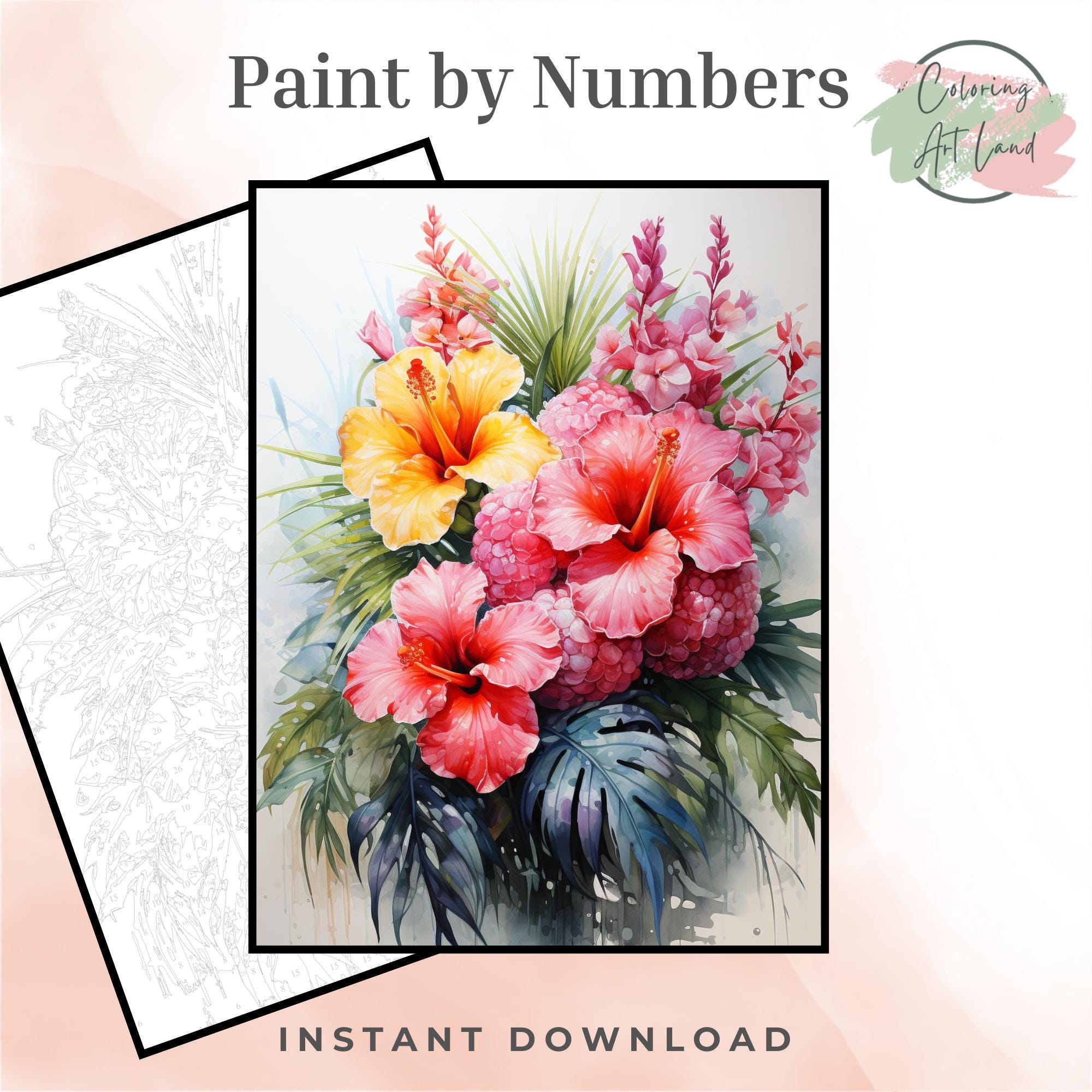 ハイビスカスの絵画、数字で塗る絵、花の塗り絵、数字で塗る絵、大人の