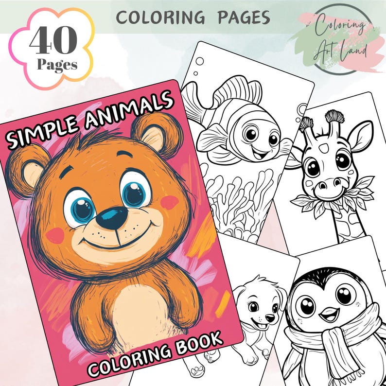 K&ouml;nnte beinhalten: Ein Malbuch mit 40 Seiten mit einfachen Tierillustrationen. Der Umschlag zeigt einen niedlichen Cartoon-B&auml;ren mit gro&szlig;en Augen und einem L&auml;cheln. Der Titel des Buches lautet "Simple Animals Coloring Book".