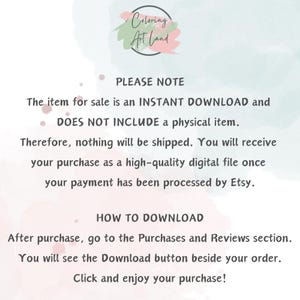 K&ouml;nnte beinhalten: Text auf wei&szlig;em Hintergrund mit einem rosa und blauen Aquarelldesign. Der Text lautet "PLEASE NOTE" und erkl&auml;rt, dass der Artikel ein sofortiger Download ist und kein physisches Objekt enth&auml;lt. Er erkl&auml;rt auch, wie der Artikel nach dem Kauf heruntergeladen werden kann.