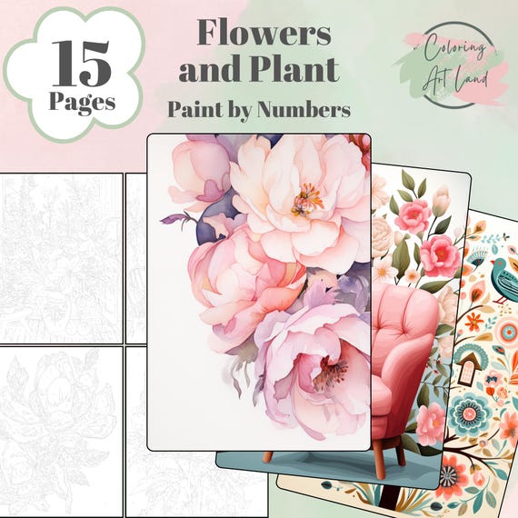 15 Floral Paint By Numbers, Flower Coloring Pages, Adults Coloring Pages, Kids Coloring Sheets, Floral Color By Numbers