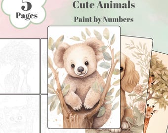 May include: Five page colouring book featuring cute animals for kids. The cover shows a koala bear sitting in a tree with green leaves. The title is "Kid's Room Decoration Cute Animals Paint by Numbers".